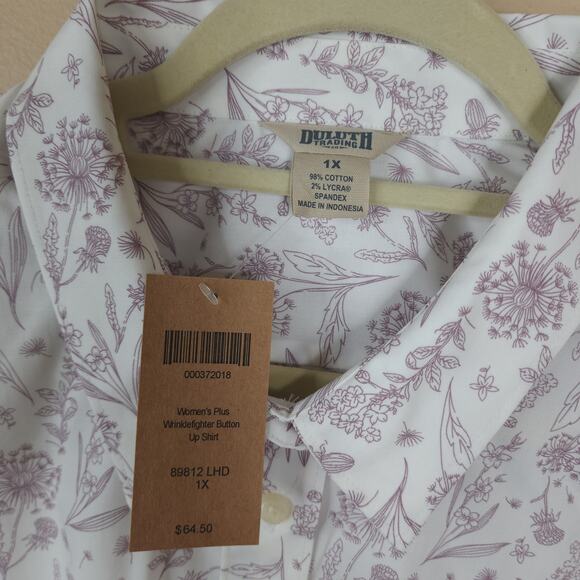 Duluth Plus Wrinklefighter Button Up Shirt White Lavendar Floral Plus Size 1X - Picture 8 of 9